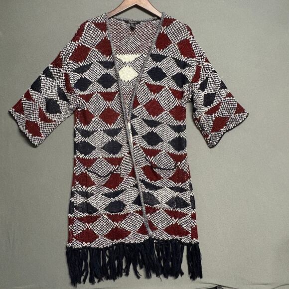Forever 21 Western Boho Geometric Fringe Open Cardigan Medium Blue Burgundy Gray - Picture 1 of 14